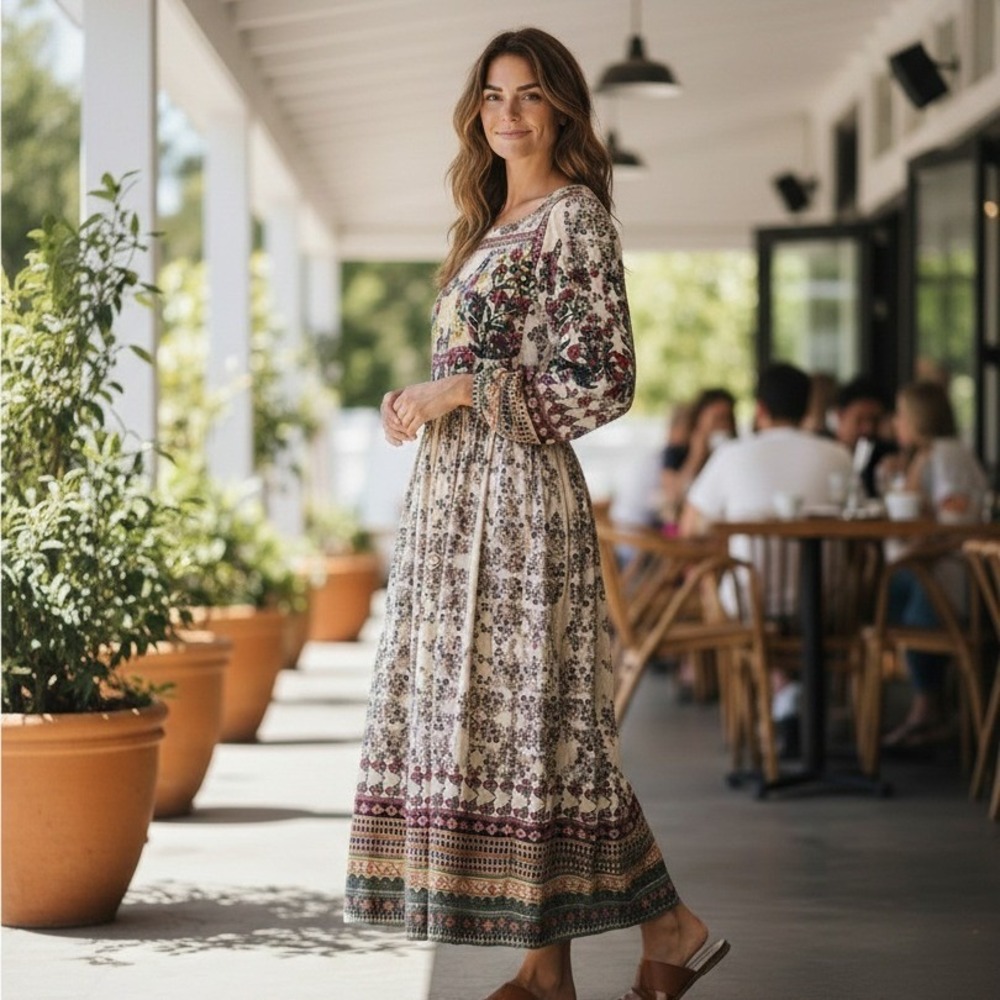 Bohemian Floral Maxi Dress - Cream & Burgundy